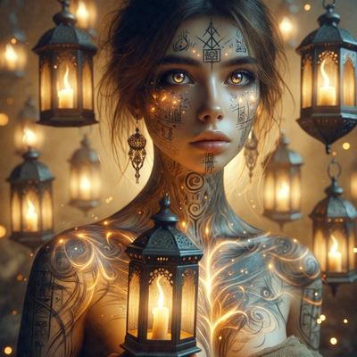 The primary subject of the image is a woman with tattoos and a unique appearance. She is holding a lit candle, which adds a warm and intimate atmosphere to the scene. The setting is a room with a backdrop of hanging lights, creating a visually appealing environment. The visual style of the image is a combination of photo and digital art, giving it a surreal and artistic quality. The colors and mood of the image are predominantly warm and inviting, with the lit candle and the woman